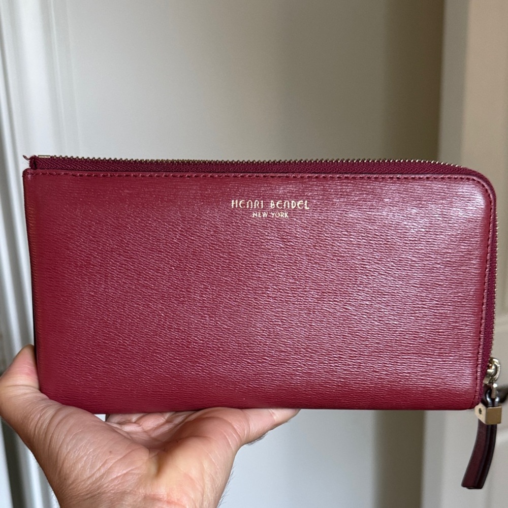 henri bendel Wine Red Zip Wallet with Gold Logo